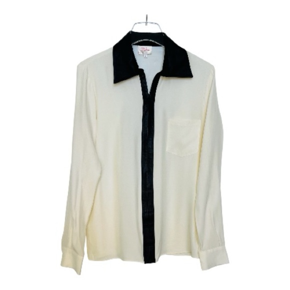 Parker Cream with Black Leather Trim Long Sleeve Silk Blouse Size Large